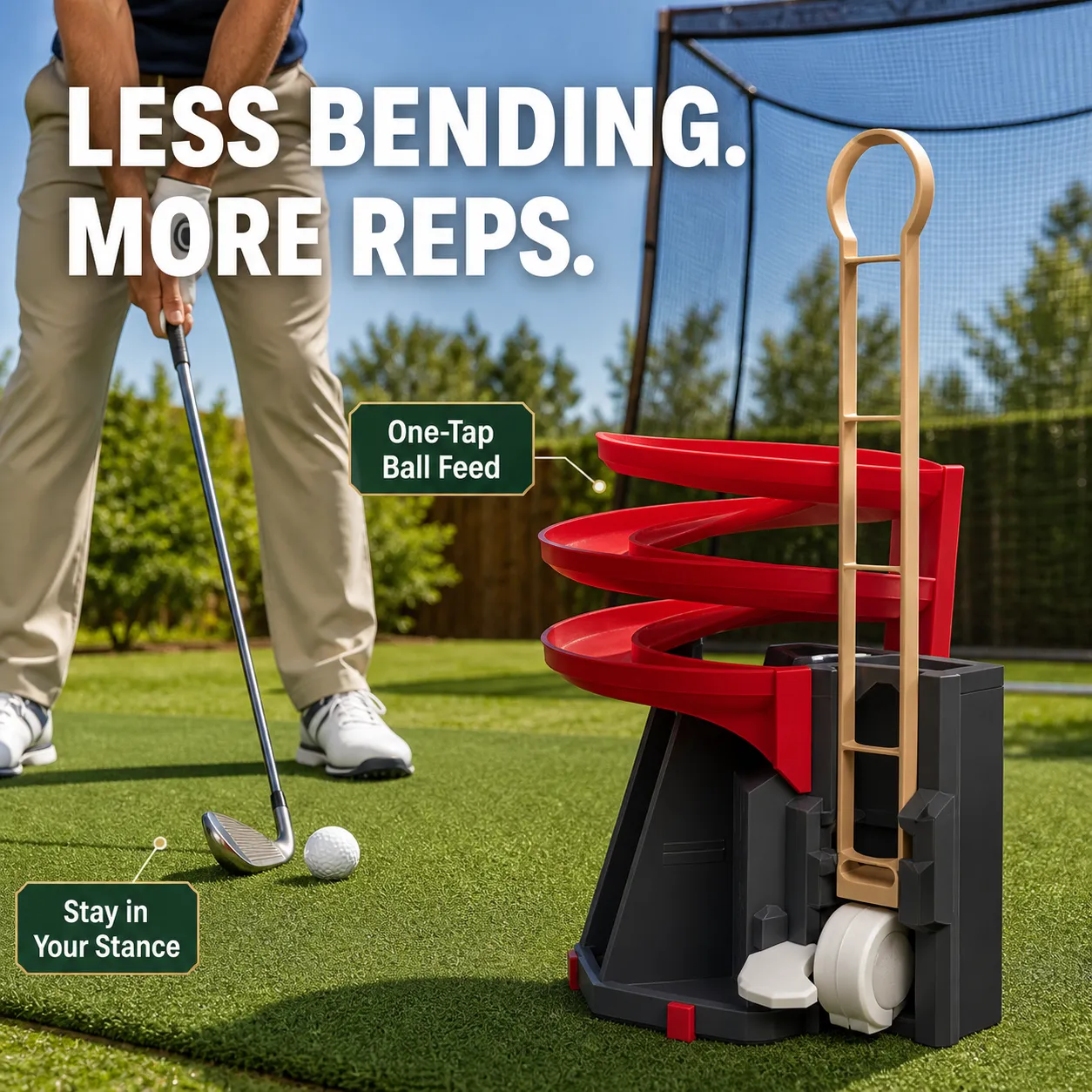 Golfer practicing beside a red and charcoal golf ball dispenser