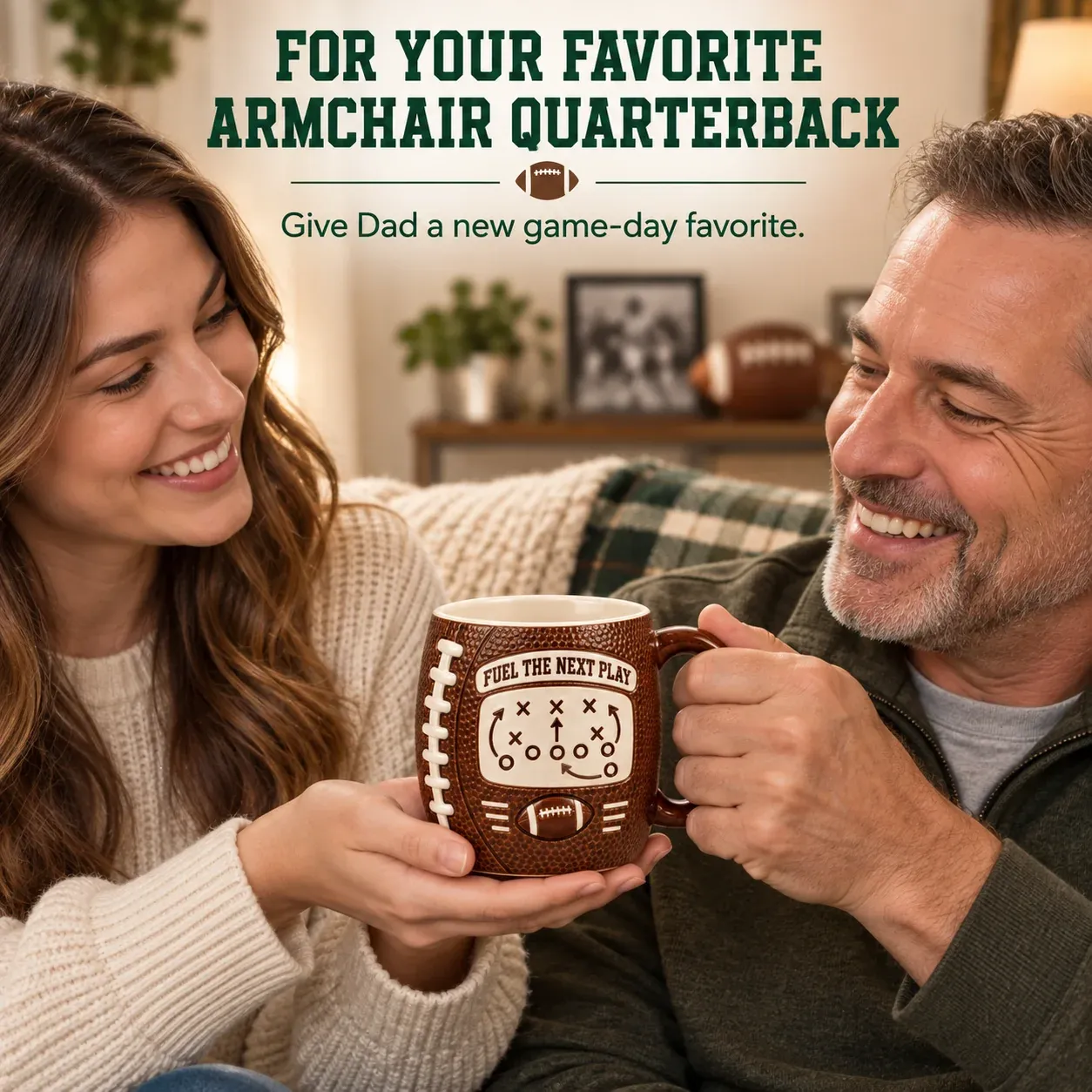 Football mug being given to a football fan at home