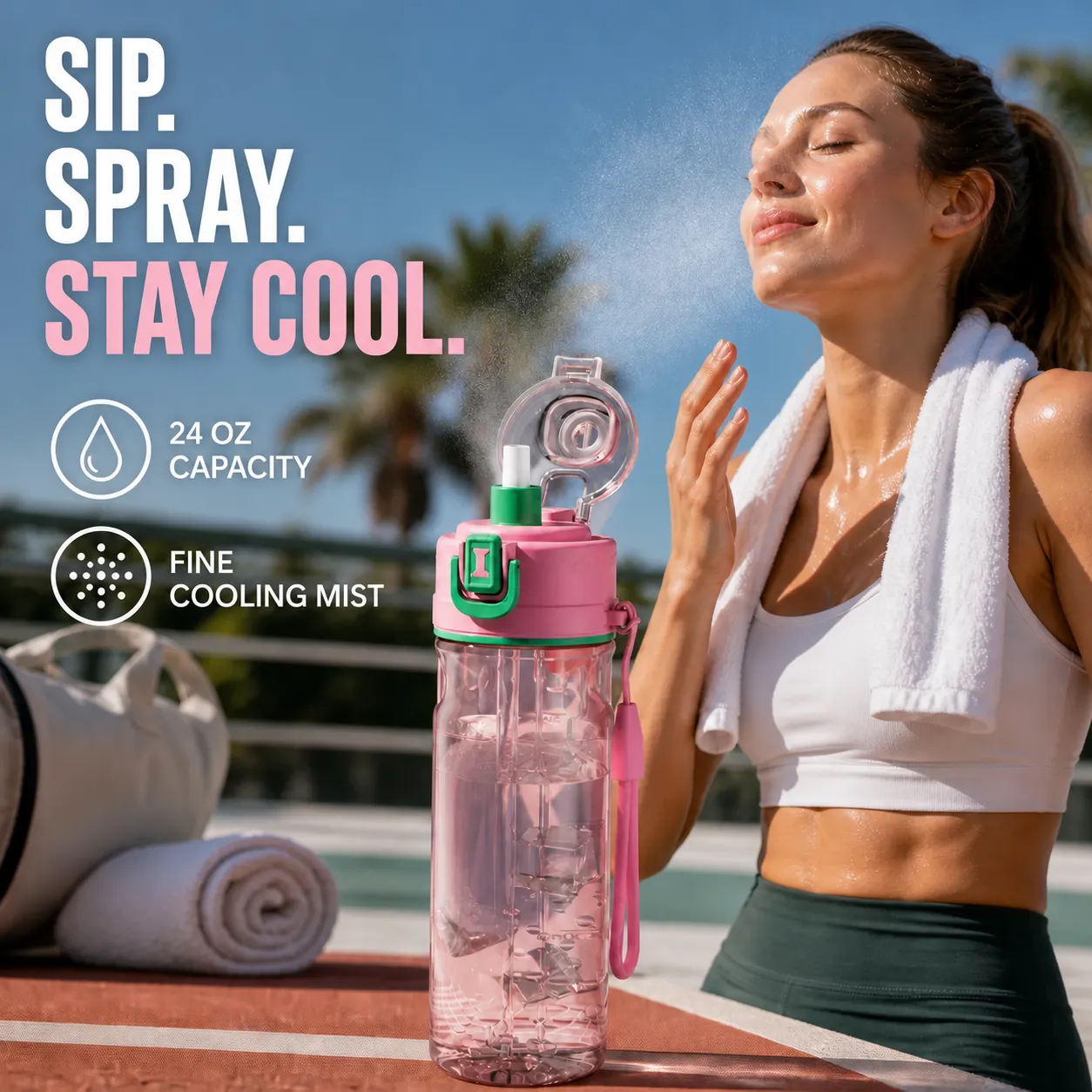Blush pink misting bottle used after a workout