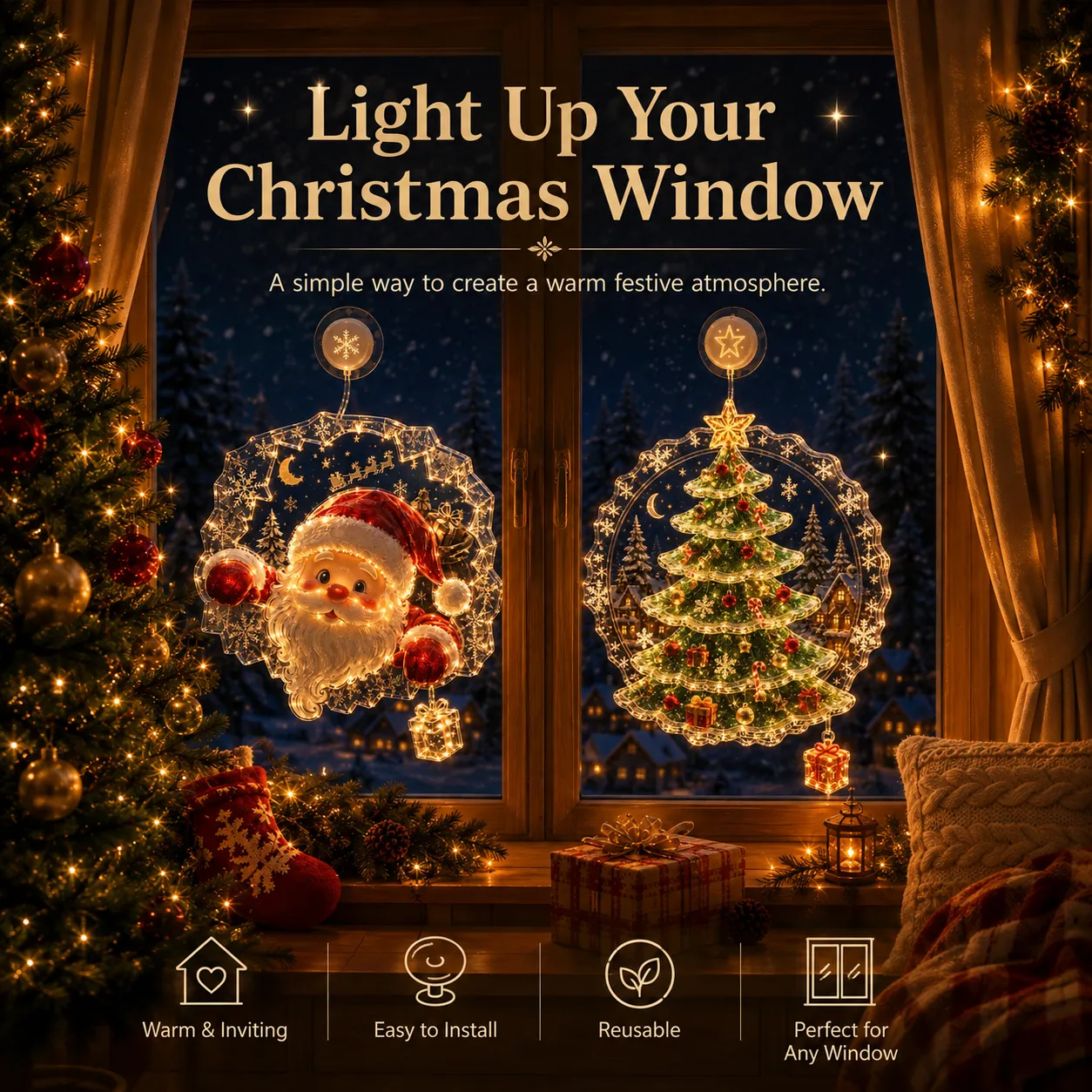 Christmas suction cup window lights glowing warmly in a window