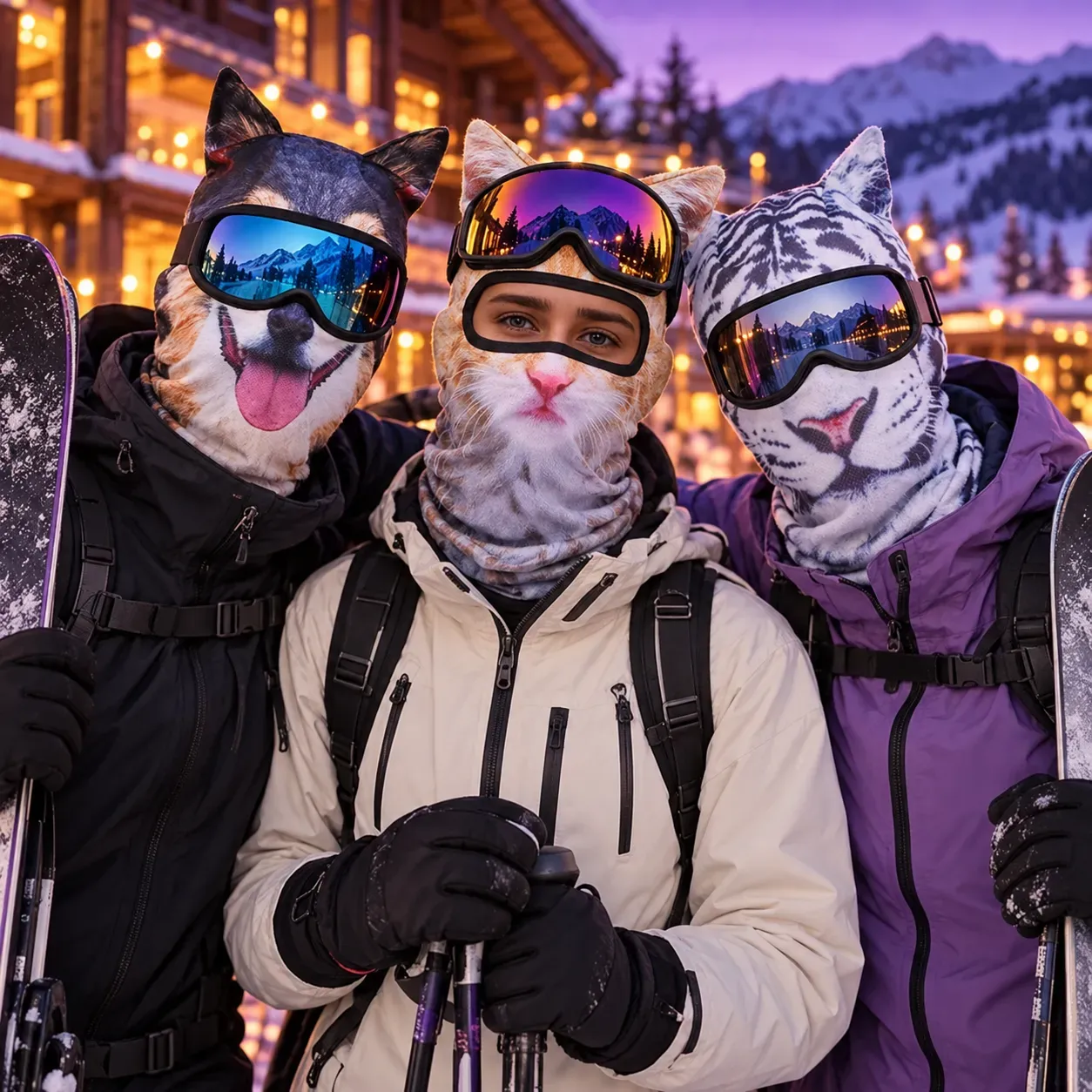 Three friends wearing orange tabby, white tiger, and husky animal hoods at a Halloween party