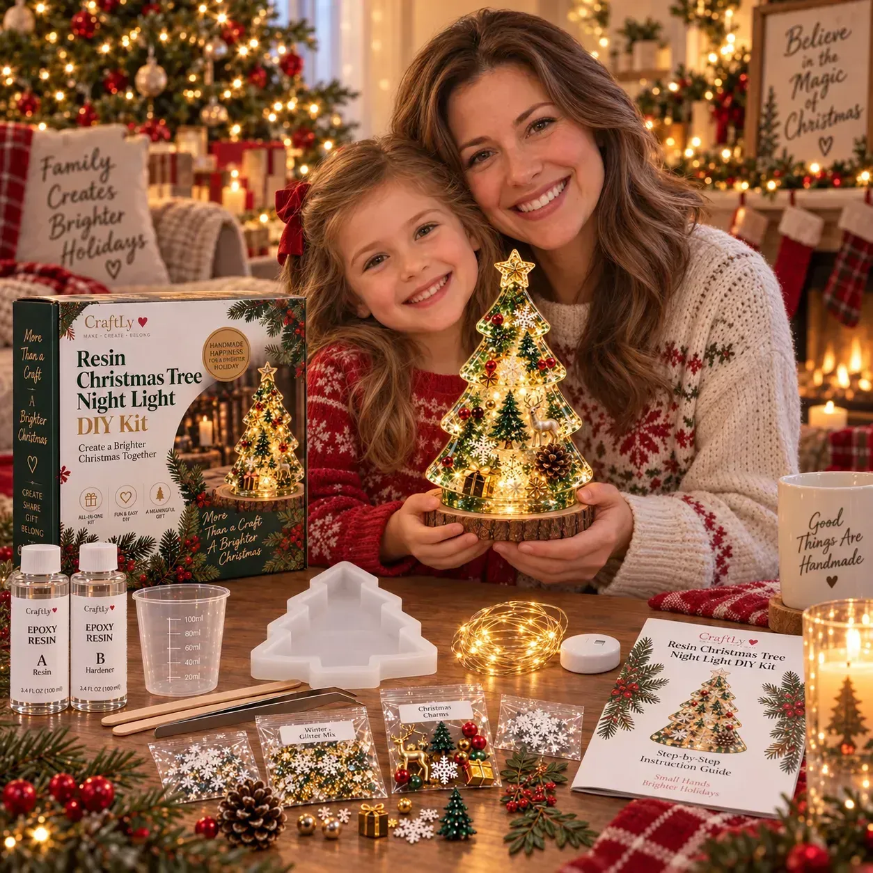 Adult and child displaying a completed resin Christmas tree