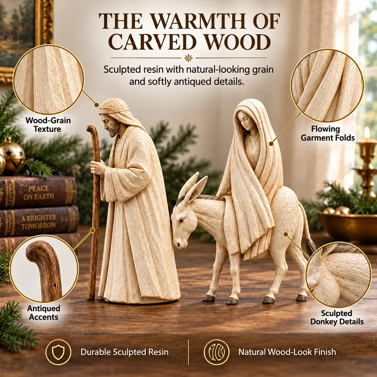 Close view of the carved wood-look texture and sculpted garment details