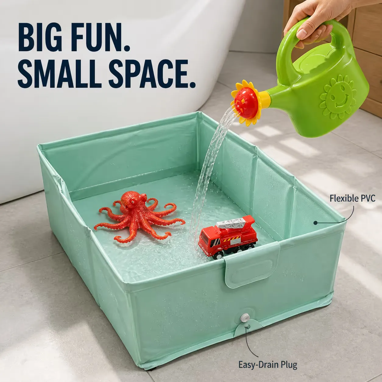 Mint foldable bath basin in use with the red octopus, red fire truck, and green watering can
