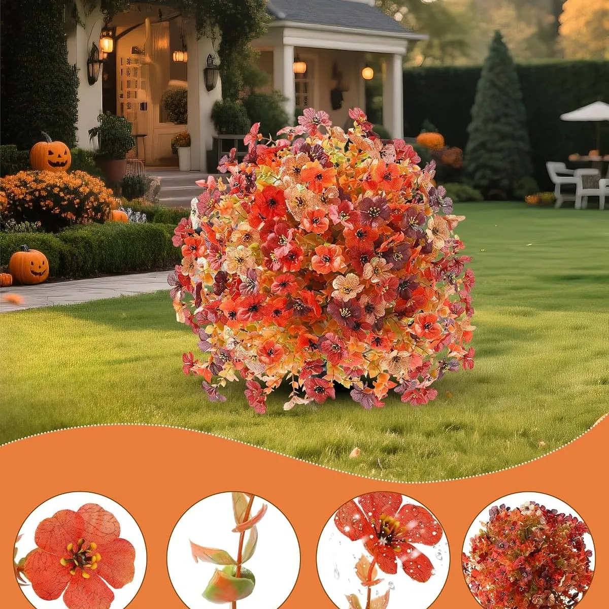 Artificial flower topiary in outdoor decorating scenes