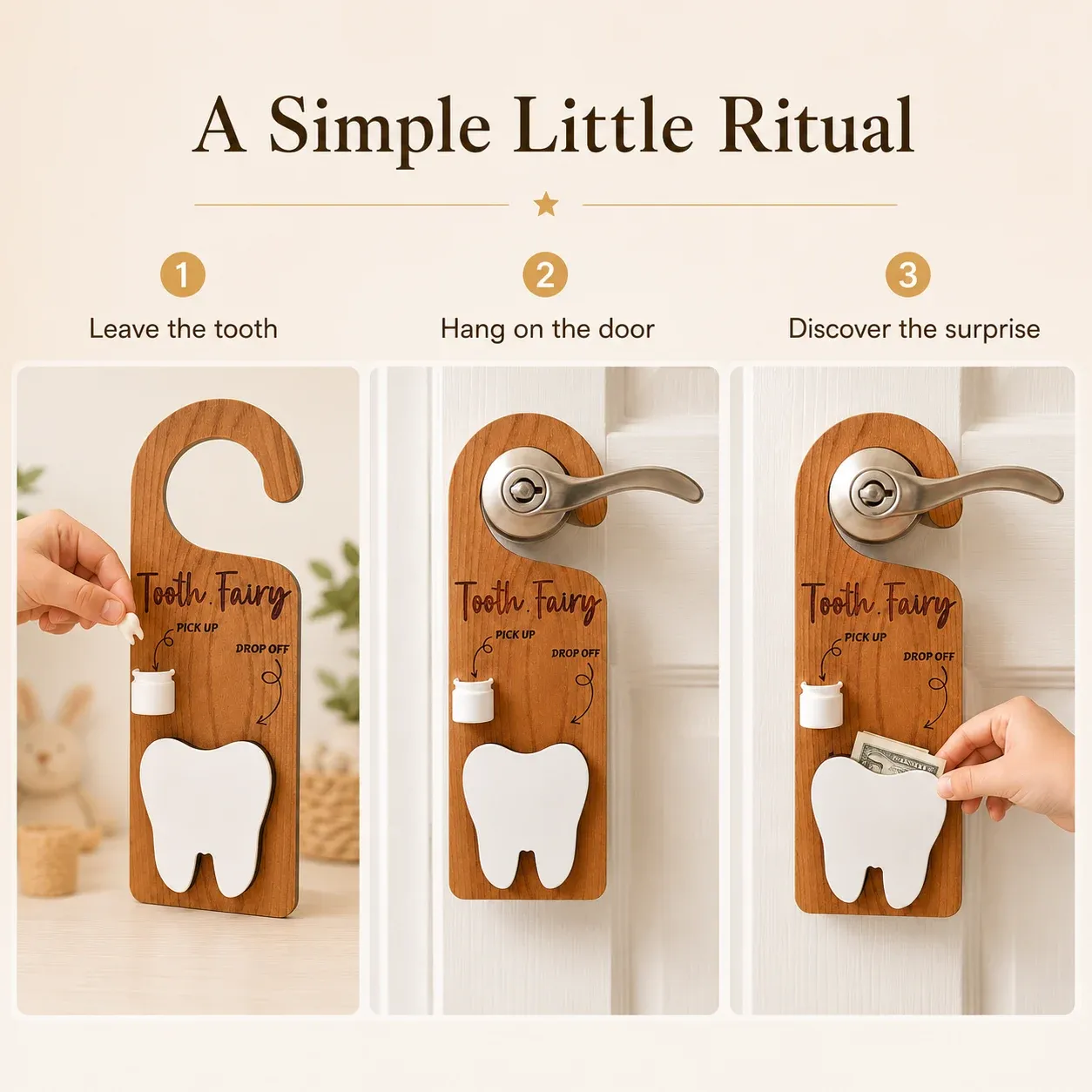 Three-step guide showing a tooth placed in the pick-up cup, the hanger placed on a door, and money added to the tooth pocket