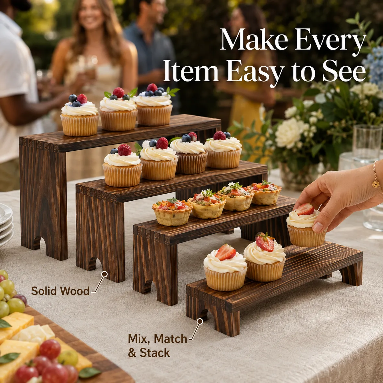 Four solid wood risers creating an easy-to-see tiered dessert display