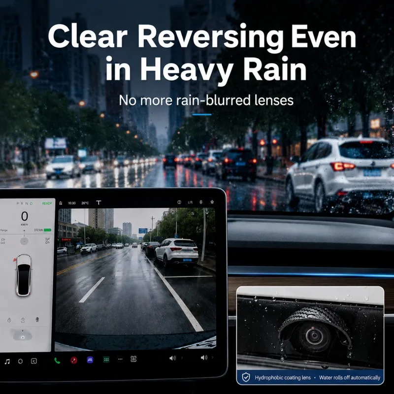 Micro arched backup camera rain shield protects against rain and splash