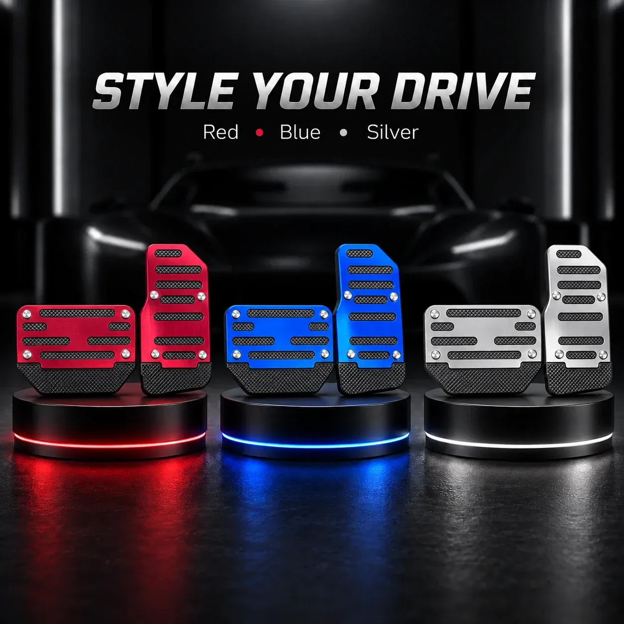 Red blue and silver pedal cover finish options