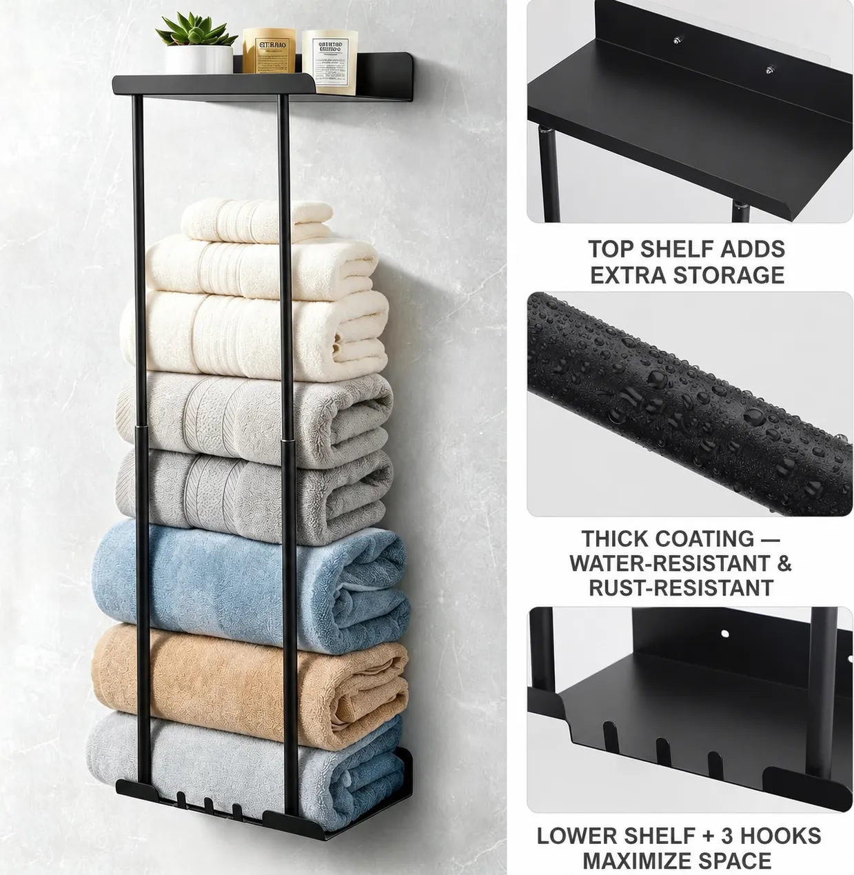 Top shelf, water-resistant coating, lower shelf, and three hooks