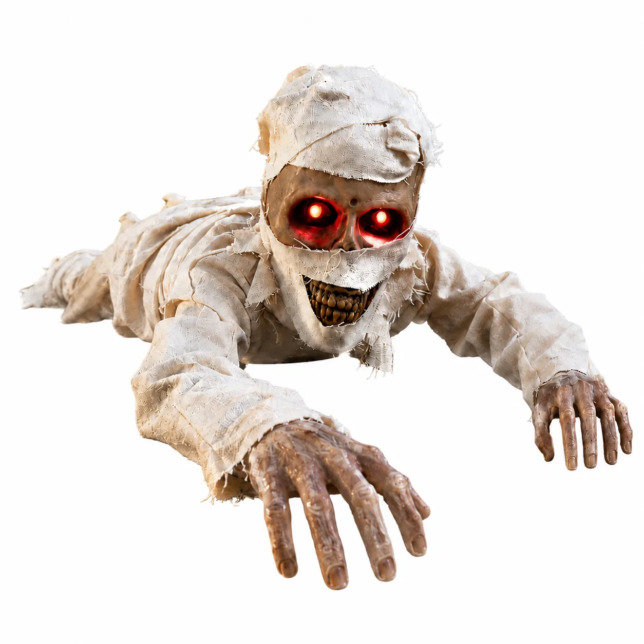 Full animated crawling mummy with long wrapped body and reaching hands