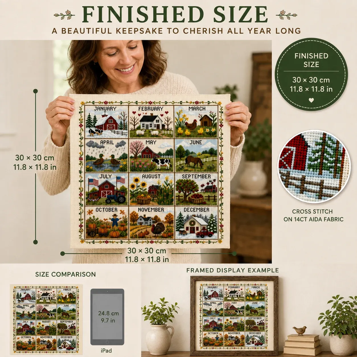 finished seasonal cross stitch display