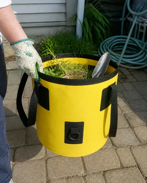Yellow collapsible bucket carrying garden clippings
