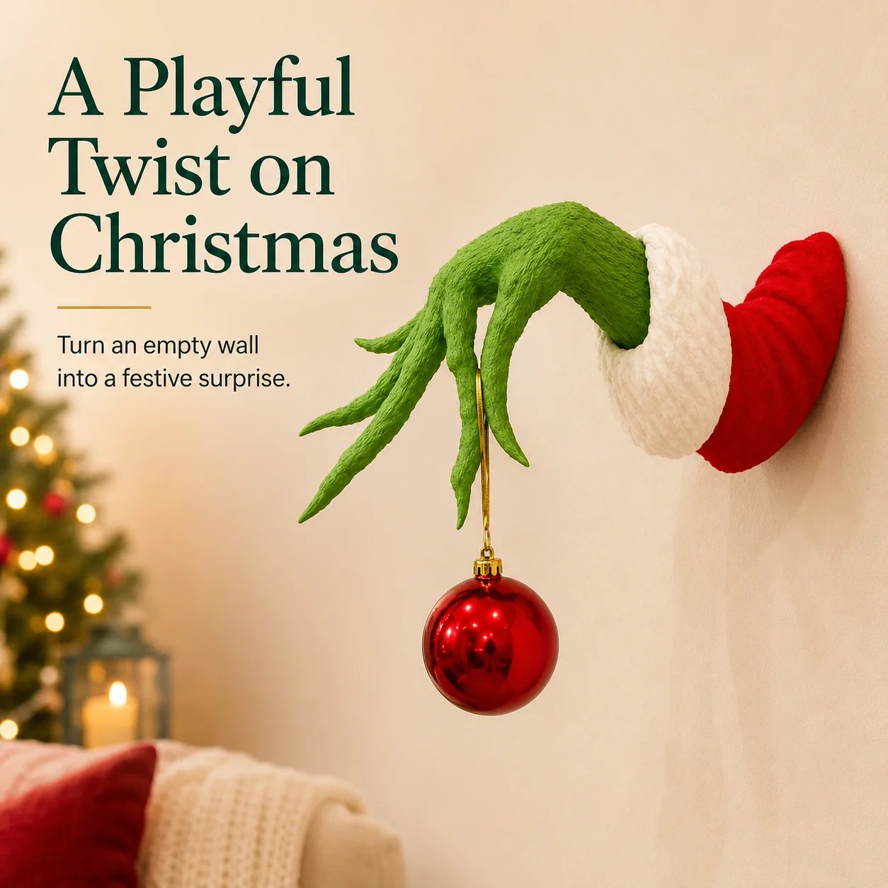 Green monster hand holding a red Christmas bauble ornament