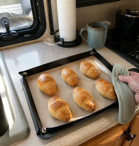 Black snap-corner baking mat with breakfast pastries in an RV kitchen