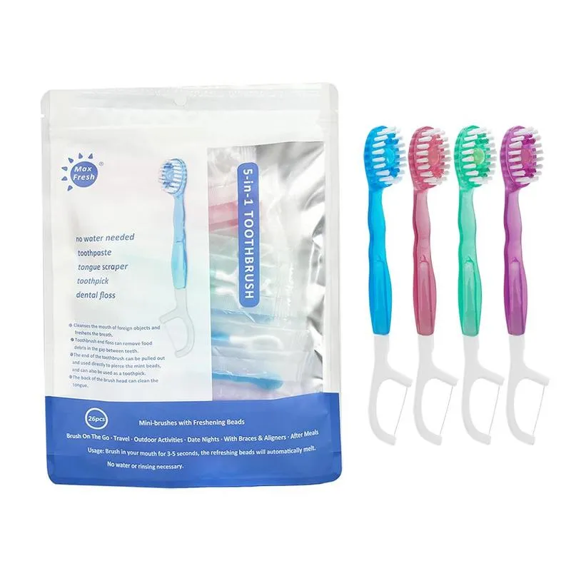 Product Introduction of 5 in 1 Mini Toothbrush & Floss & Tongue Scraper & Toothpick Set, 26pcs/pack Soft Bristles Toothbrush Set, Oral Care Tool for Travel, Business Trip, Mouth Hygiene Kit 5