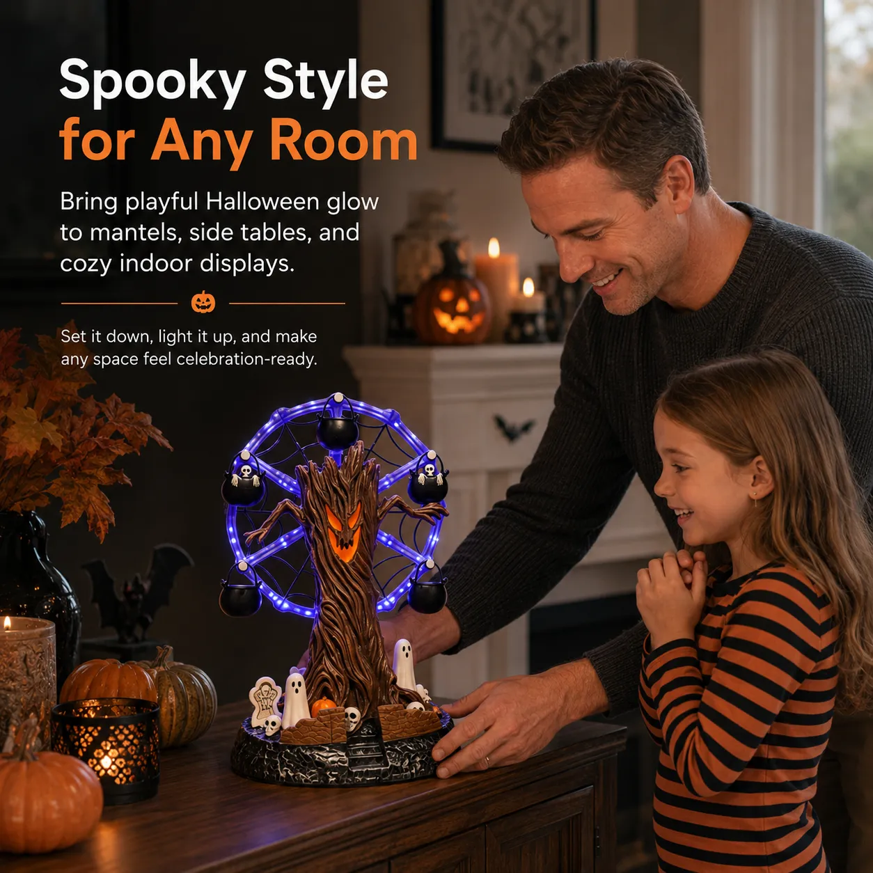 Haunted tree Ferris wheel displayed on an indoor mantel table