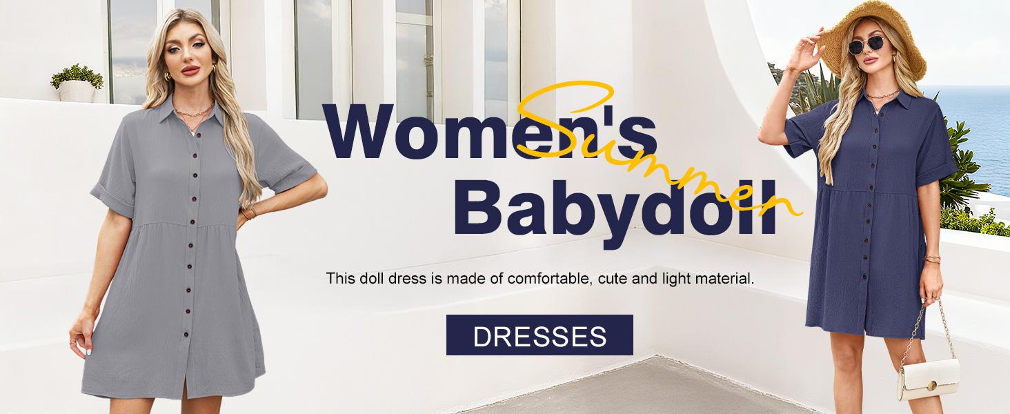 AUSELILY Babydoll Dress for Women Short Sleeve Button Down Textured Non-clingy Loose Fit Flowy Mini Dress with Pockets 2026 New Summer Dress