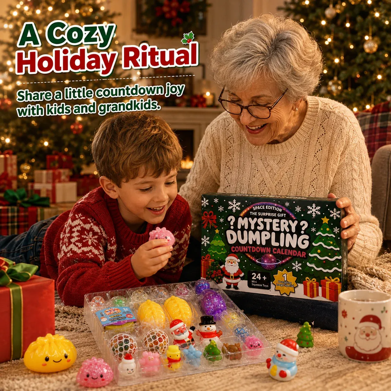 Grandmother and child sharing the Mystery Dumpling Christmas countdown calendar
