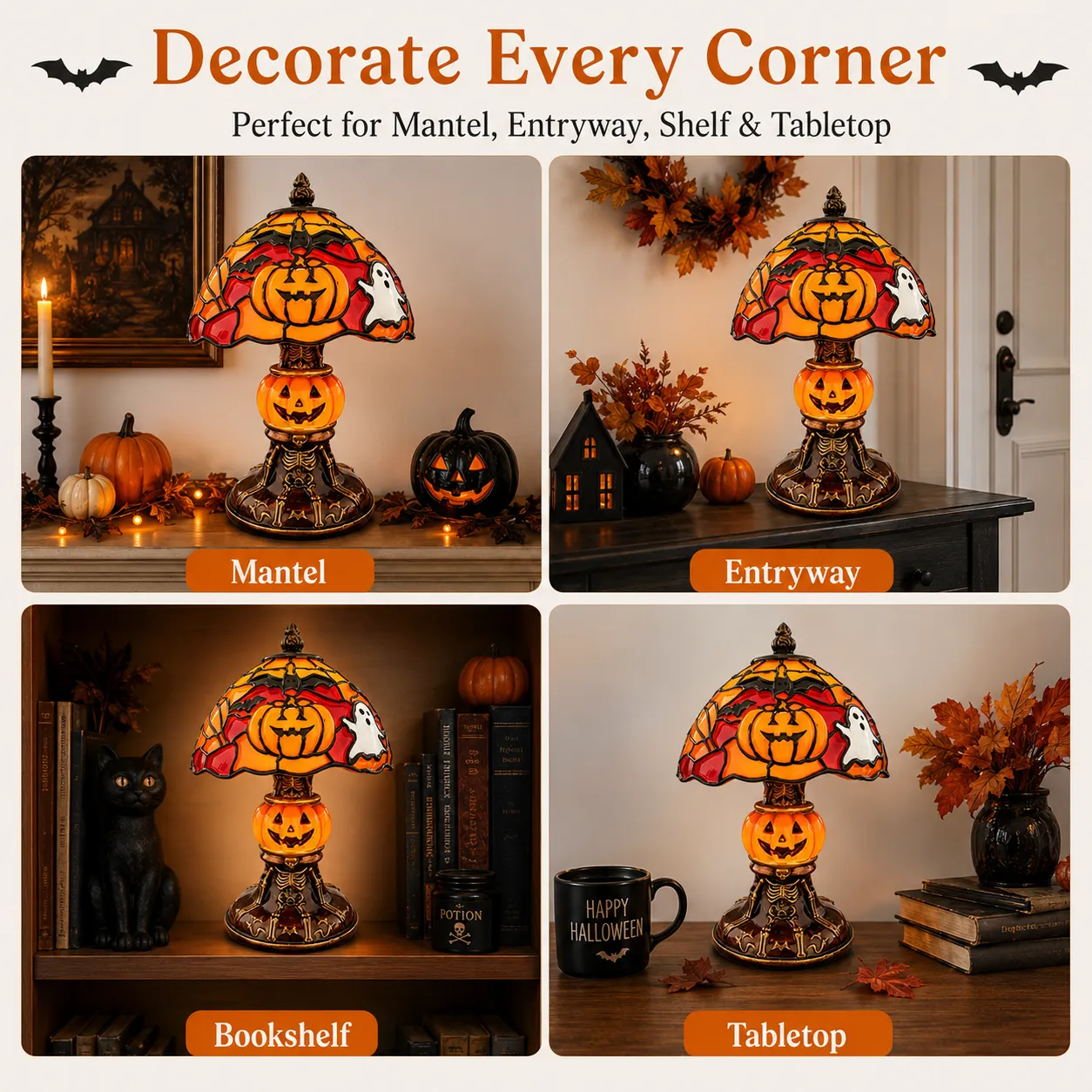 Halloween lamp displayed on a mantel, entryway, bookshelf, and tabletop