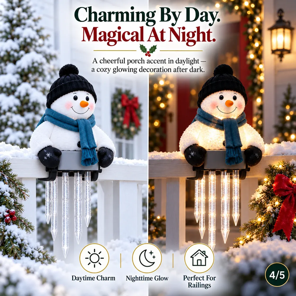 Multiple glowing snowmen decorating a Christmas porch