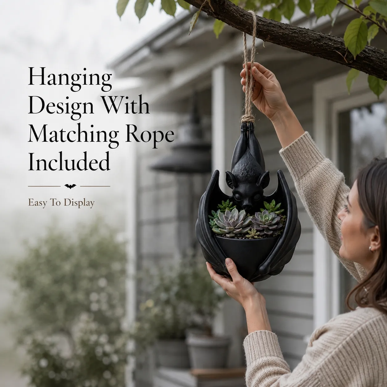 Bat plant pot suspended by its included hanging rope