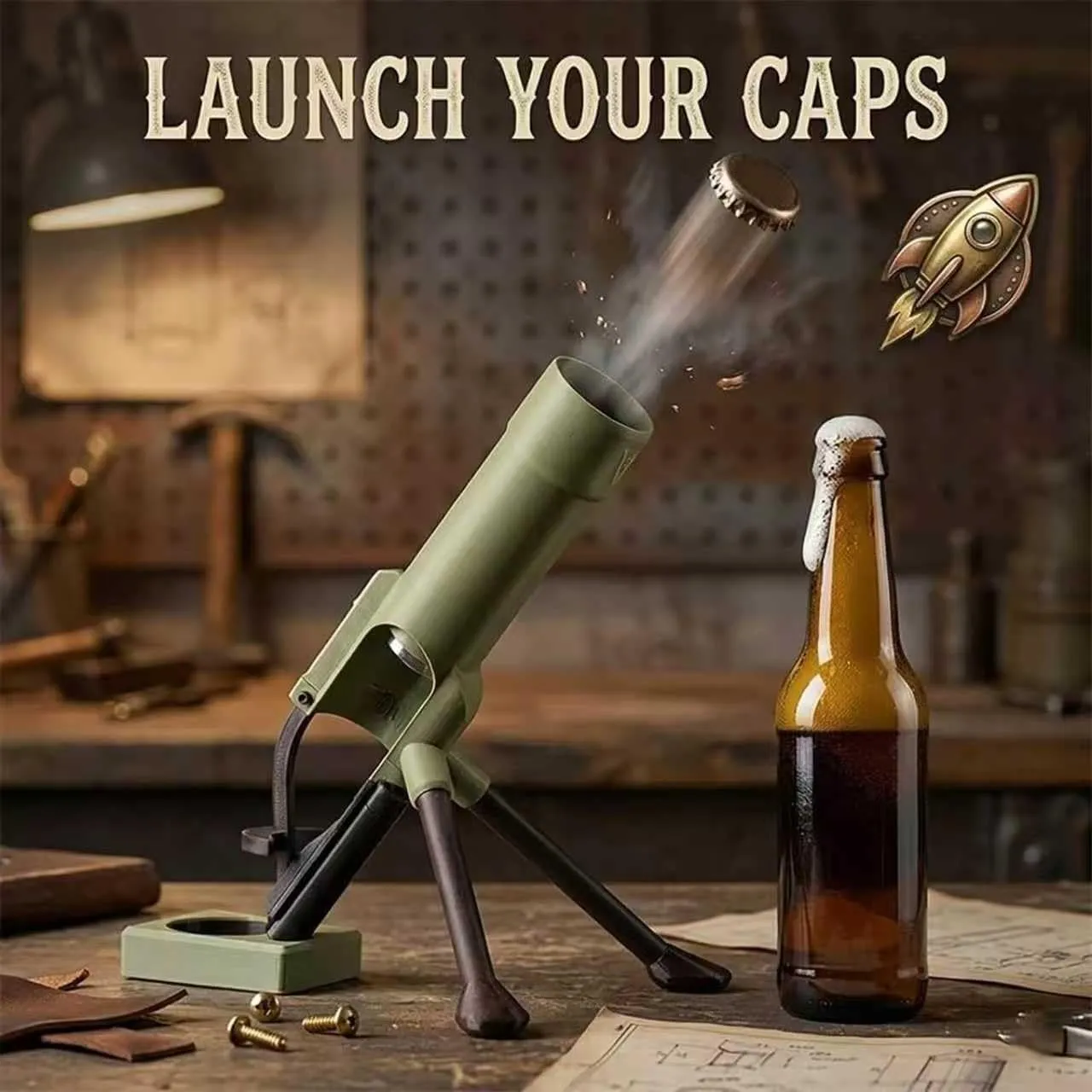 Olive-green mortar-style opener launching a bottle cap