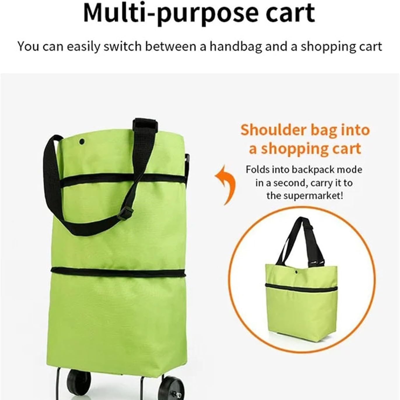 Foldable tote shown in carry and rolling-cart modes