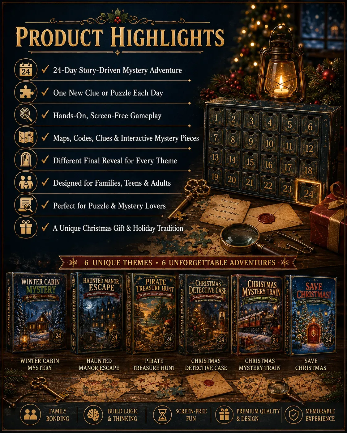 Product highlights for the 24-day mystery adventure calendar