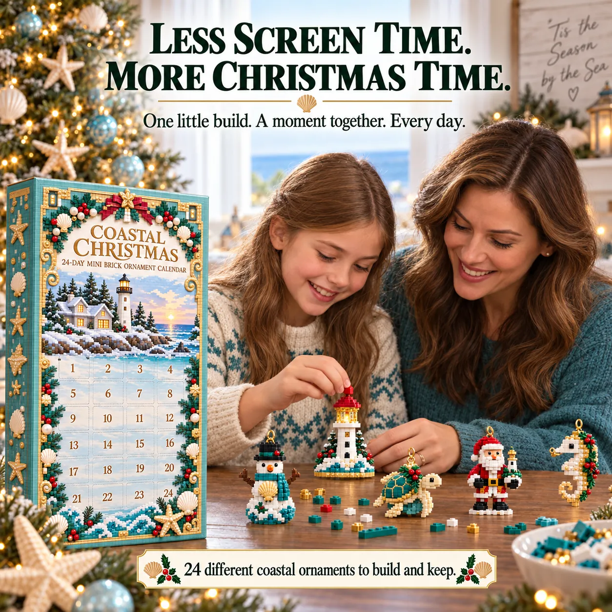 An adult and child assembling a lighthouse ornament together beside completed coastal mini brick ornaments