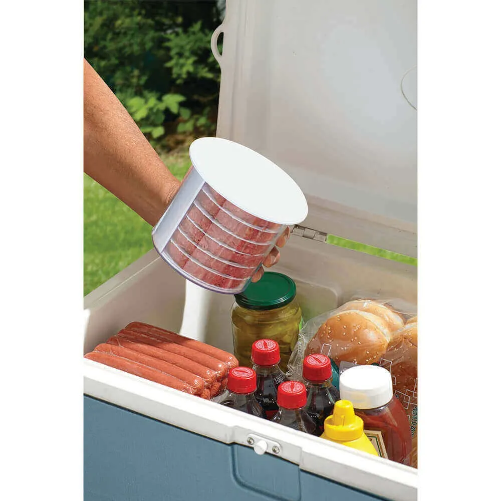 Stacked hamburger patties carried in a compact container for outdoor cooking