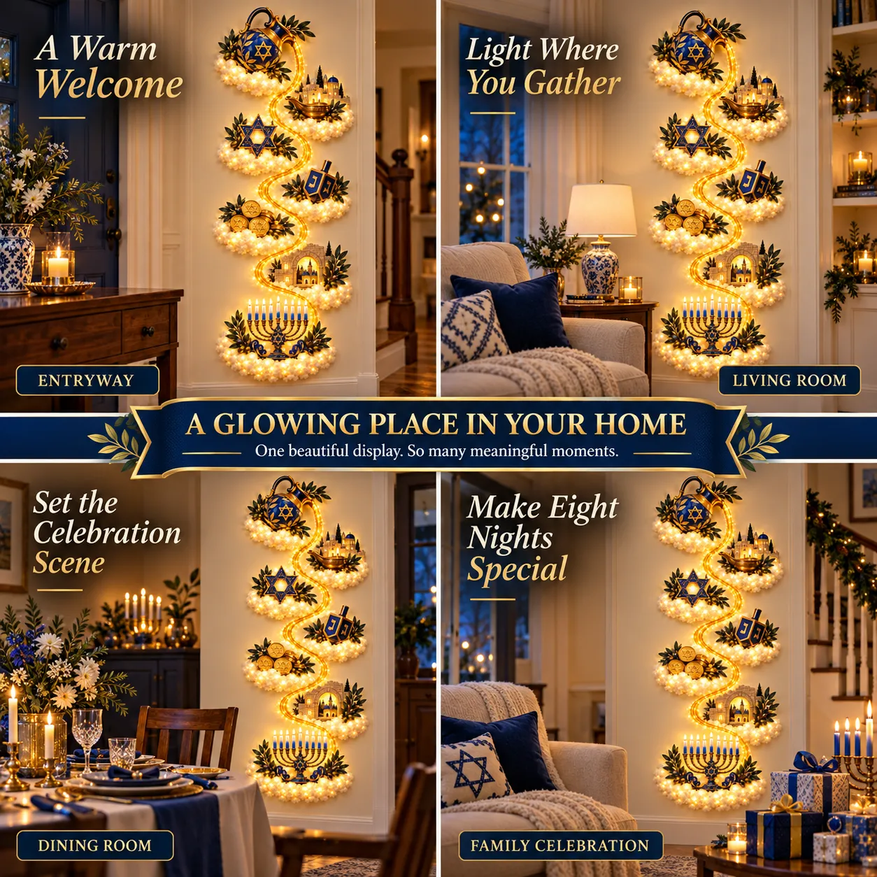 Miracle of Oil Hanukkah wall decor shown in four indoor home settings