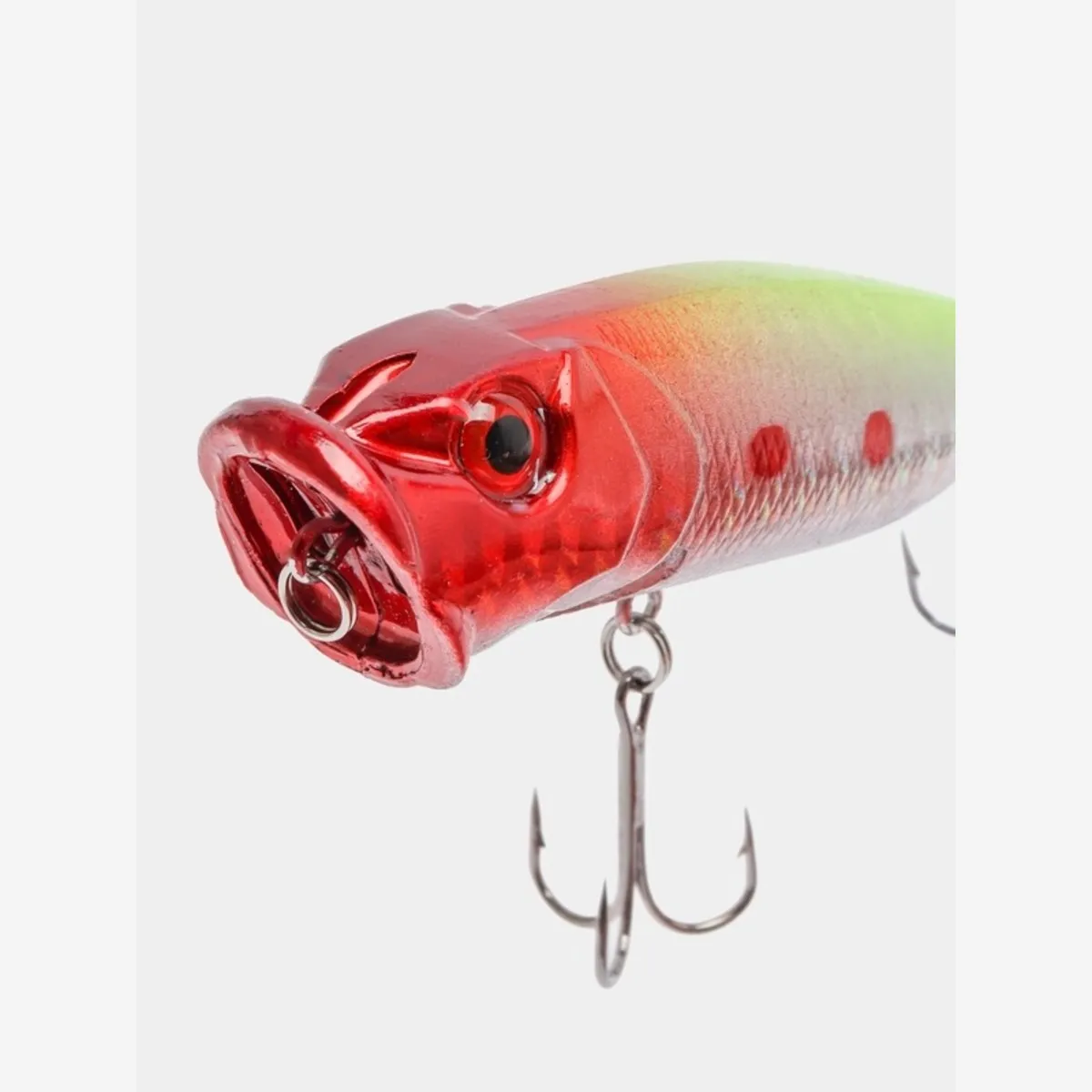 Close-up of the popper lure's cupped mouth and front treble hook