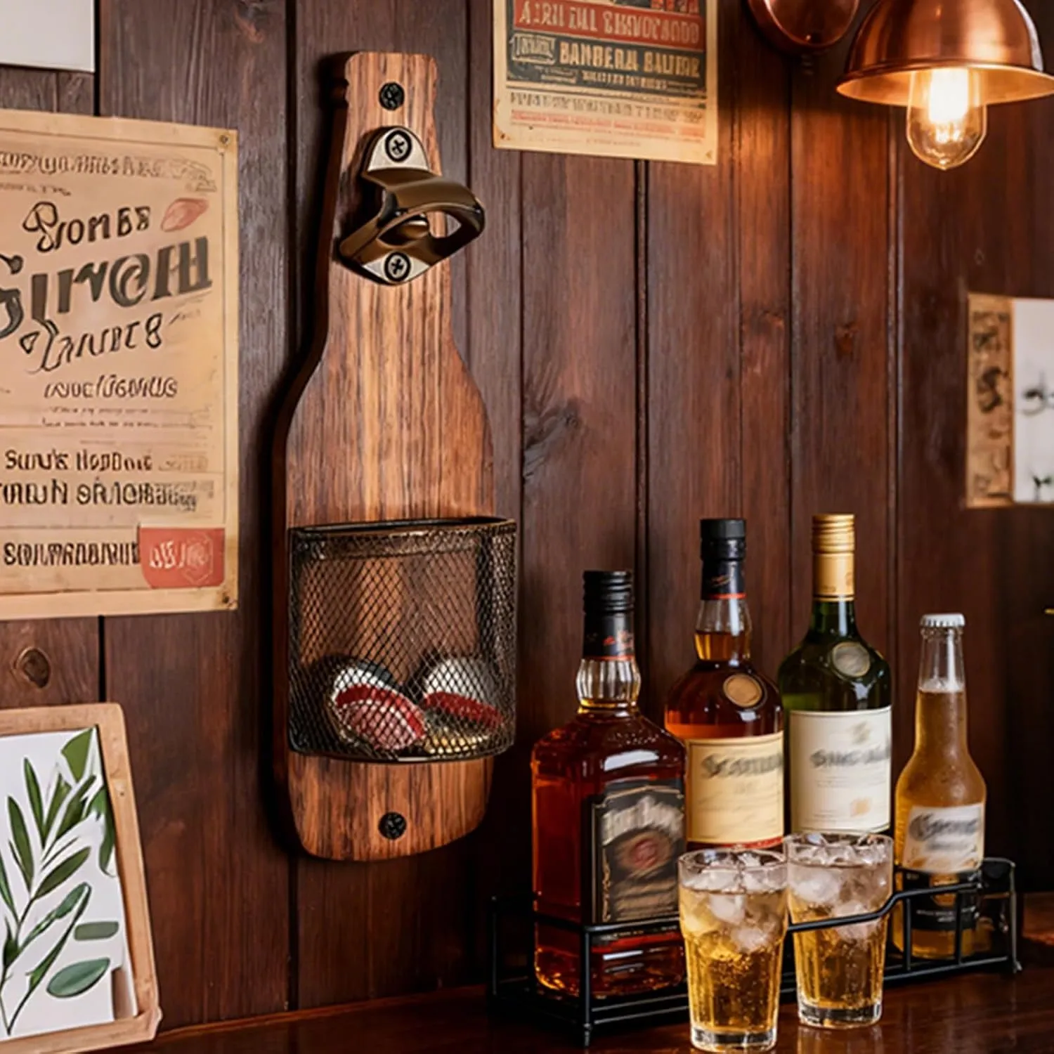 Wall-mounted opener displayed in a rustic entertaining space