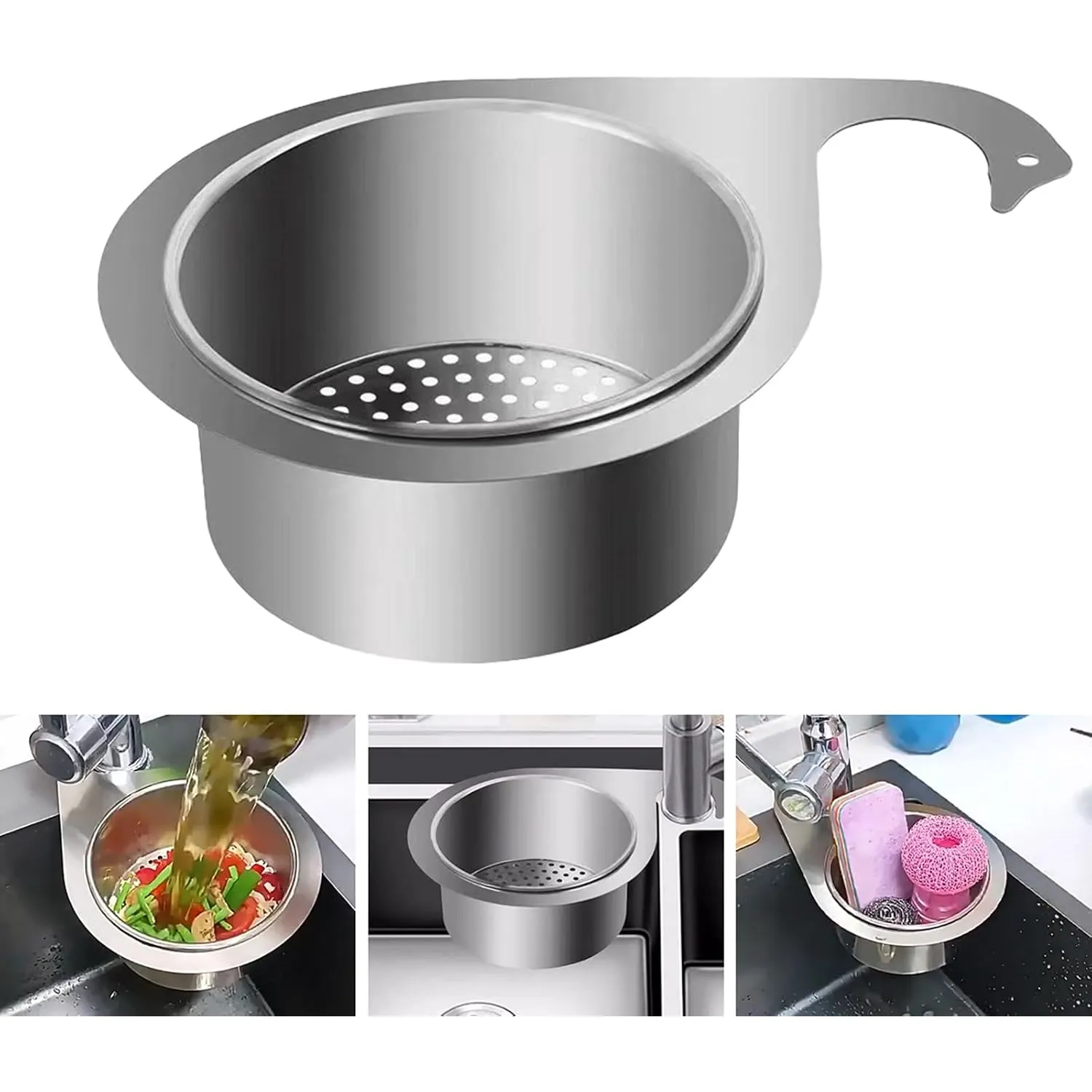 Stainless steel swan-hook sink strainer used for scraps, draining, and sink-side tools