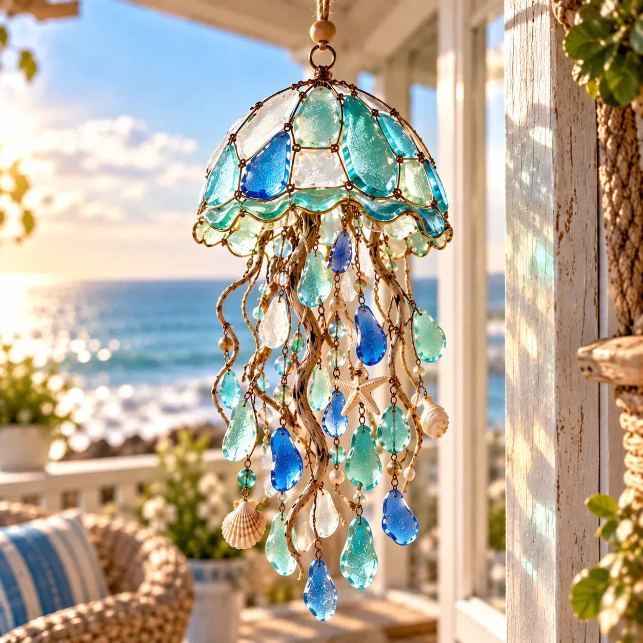 Ocean Jellyfish coastal hanging decor catching sunlight