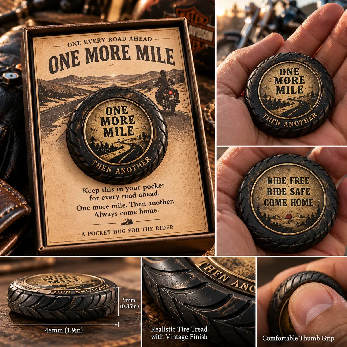 One More Mile pocket hug displayed with its rider message card and front and back views