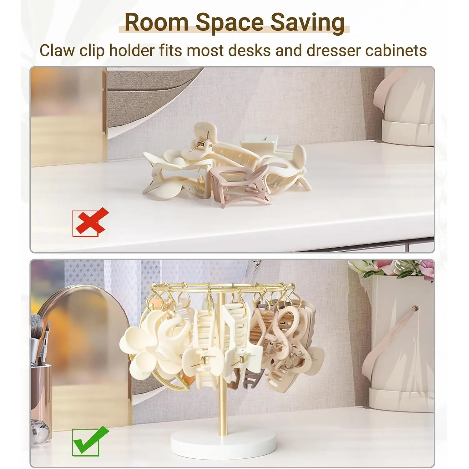 Before and after view of claw clips organized on the rotating stand