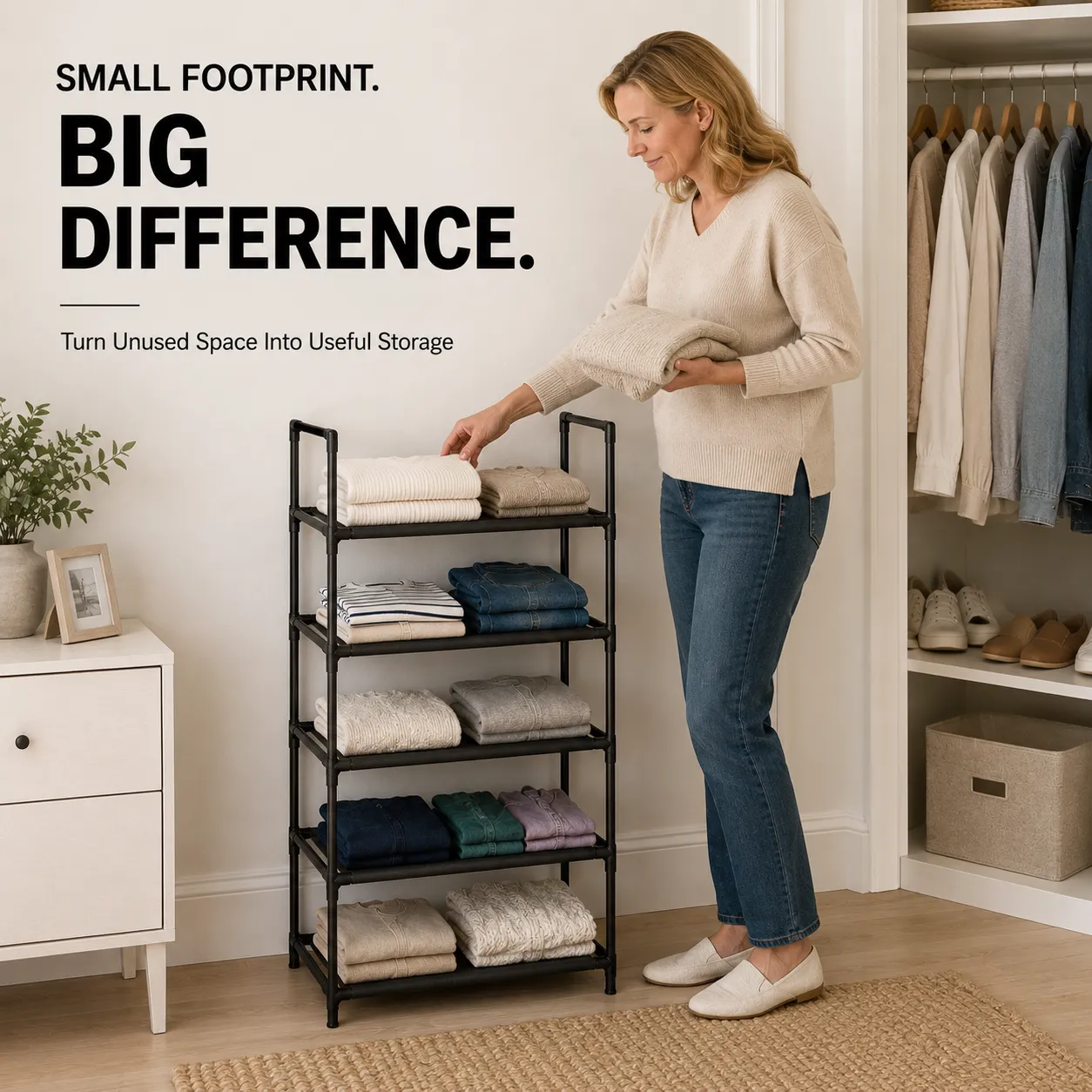 Five-tier rack using a narrow closet corner for folded clothes