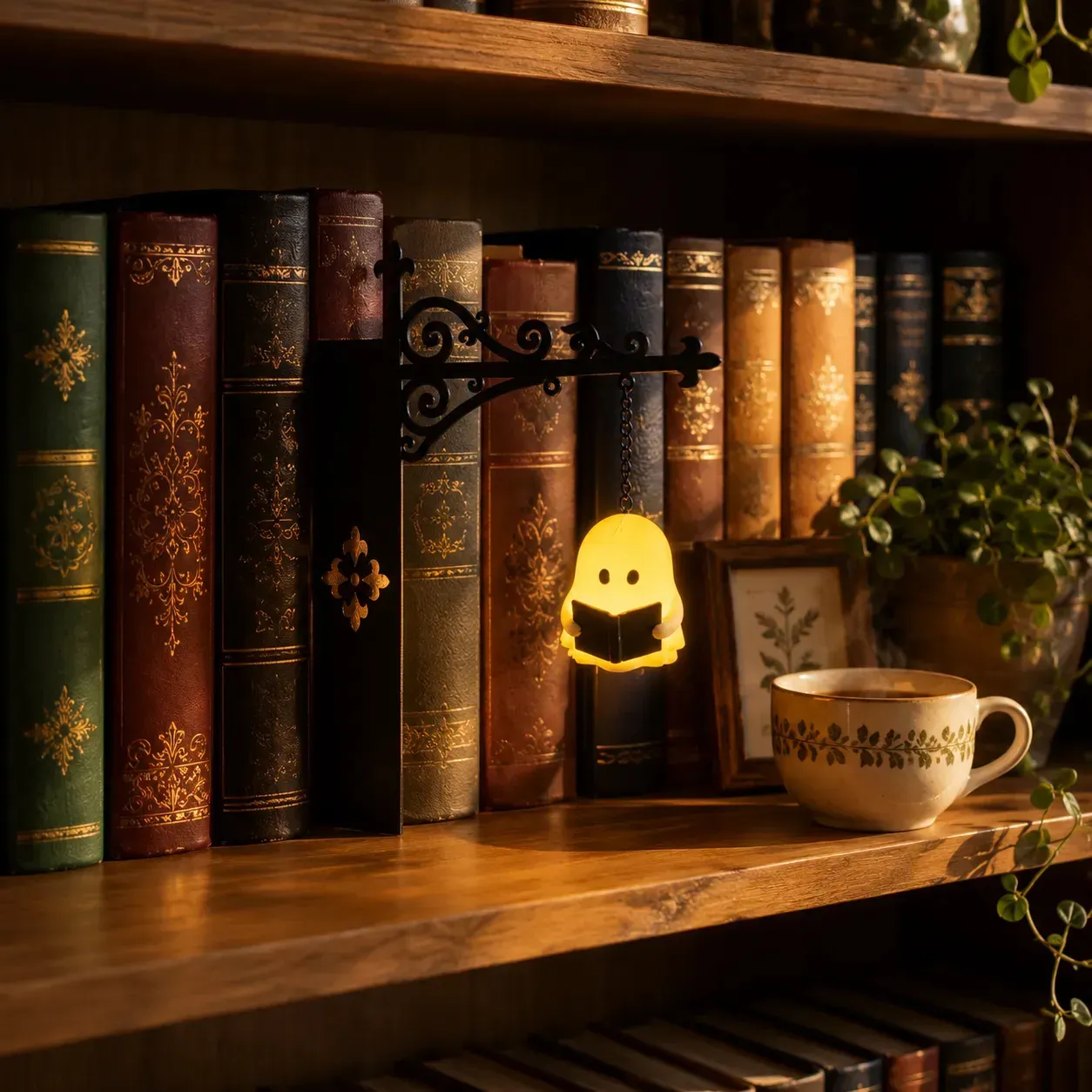 Reading ghost bookshelf insert glowing among vintage books