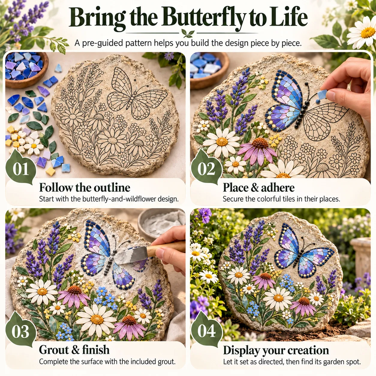 Four-stage mosaic process showing the outlined base, tile placement, grouting and completed display
