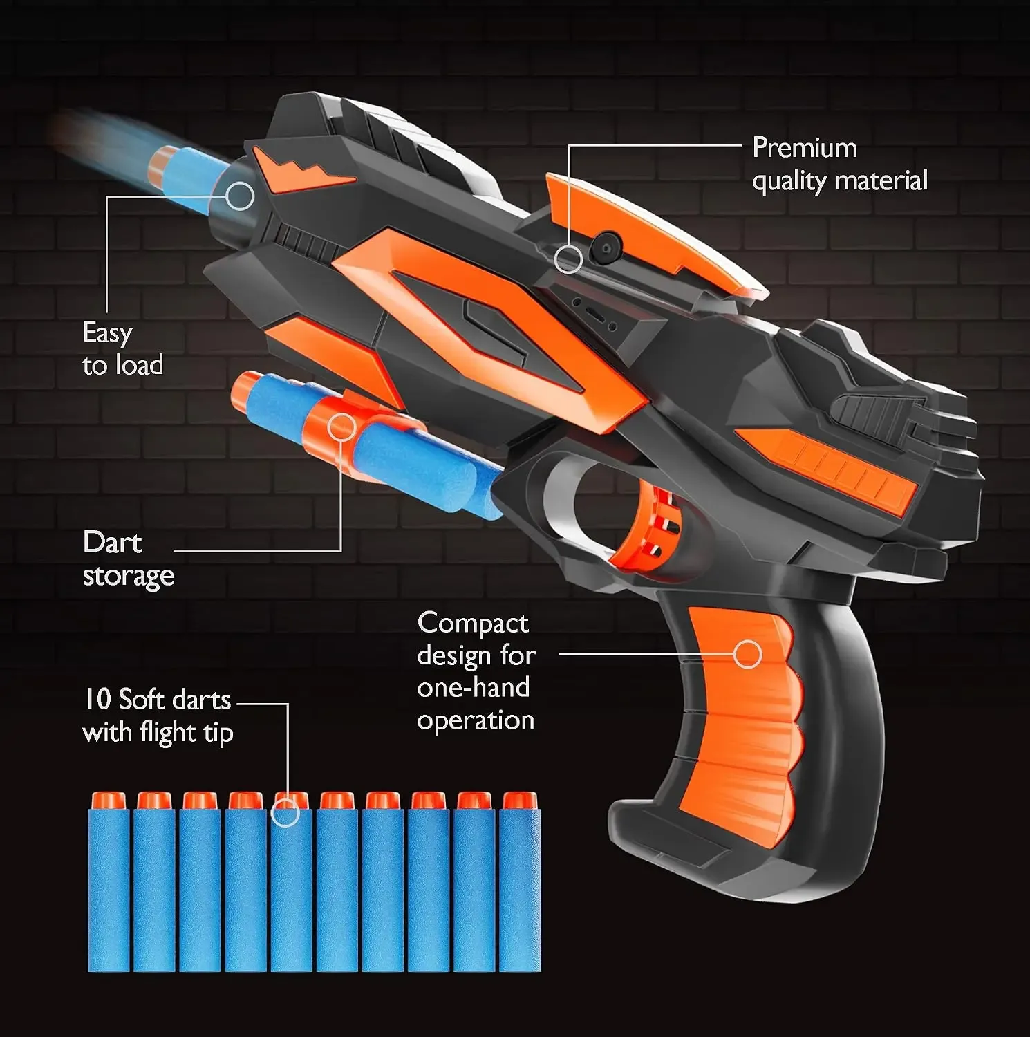 Foam blaster showing dart storage and one-hand operation