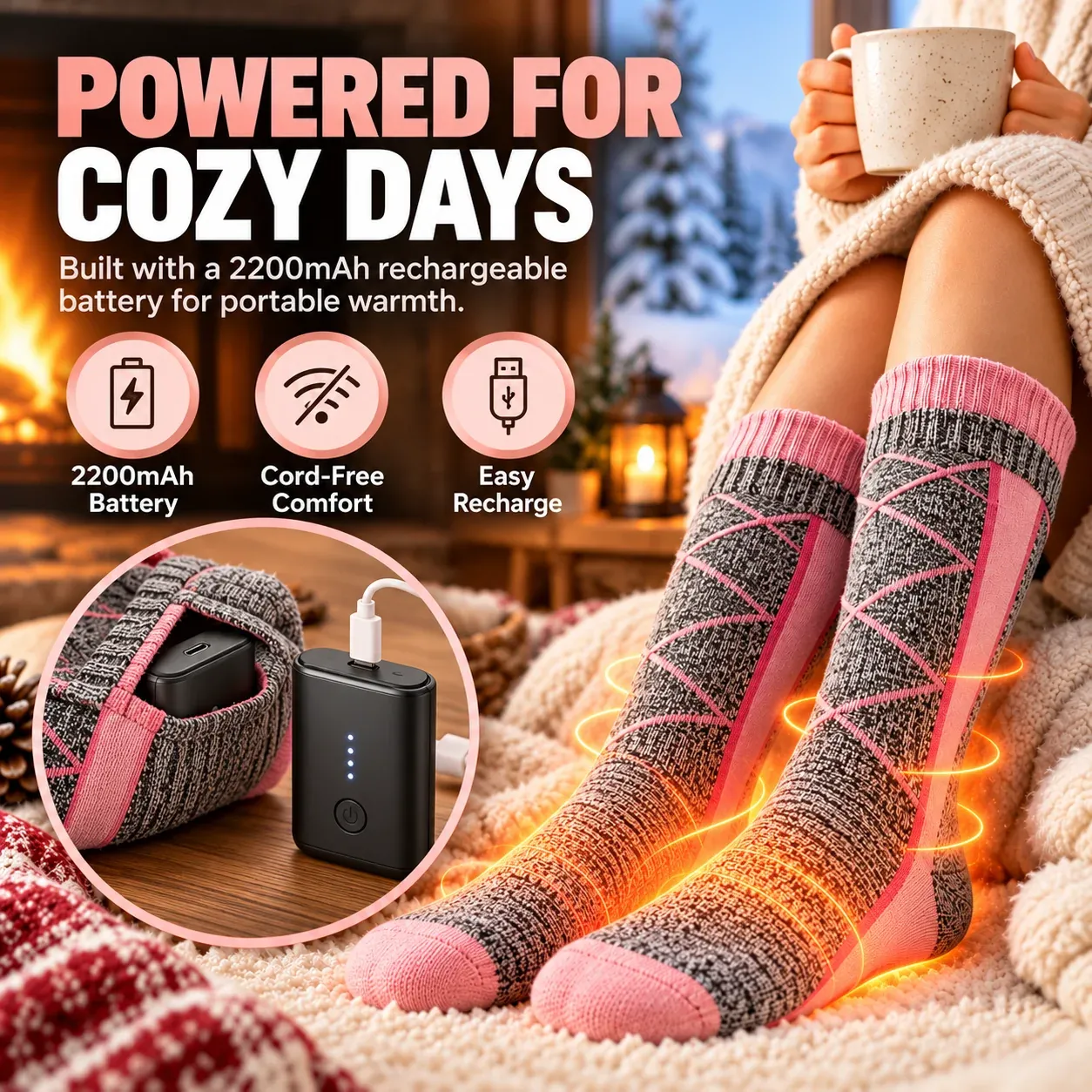 ThermoWarm 2200mAh rechargeable heated sock battery packs and USB charging