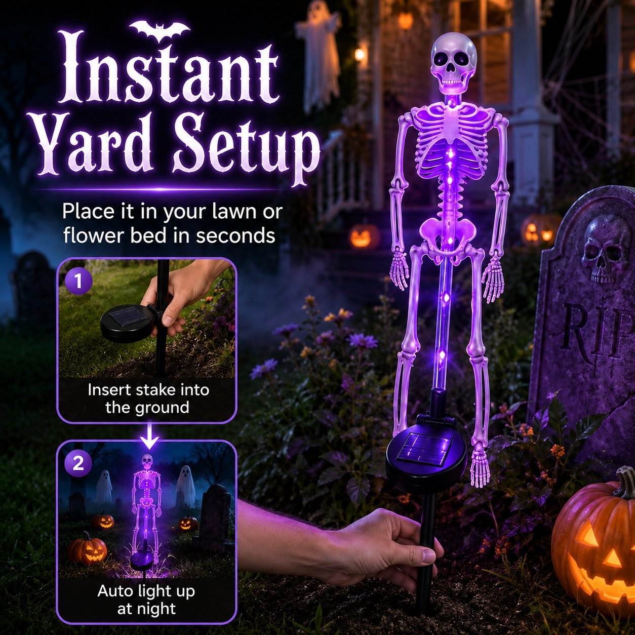 Simple ground-stake setup for a solar skeleton Halloween light