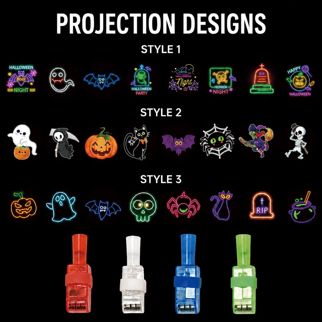 Assorted Halloween projection designs and four included light colors