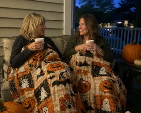 Two friends sharing the Halloween throw on a porch
