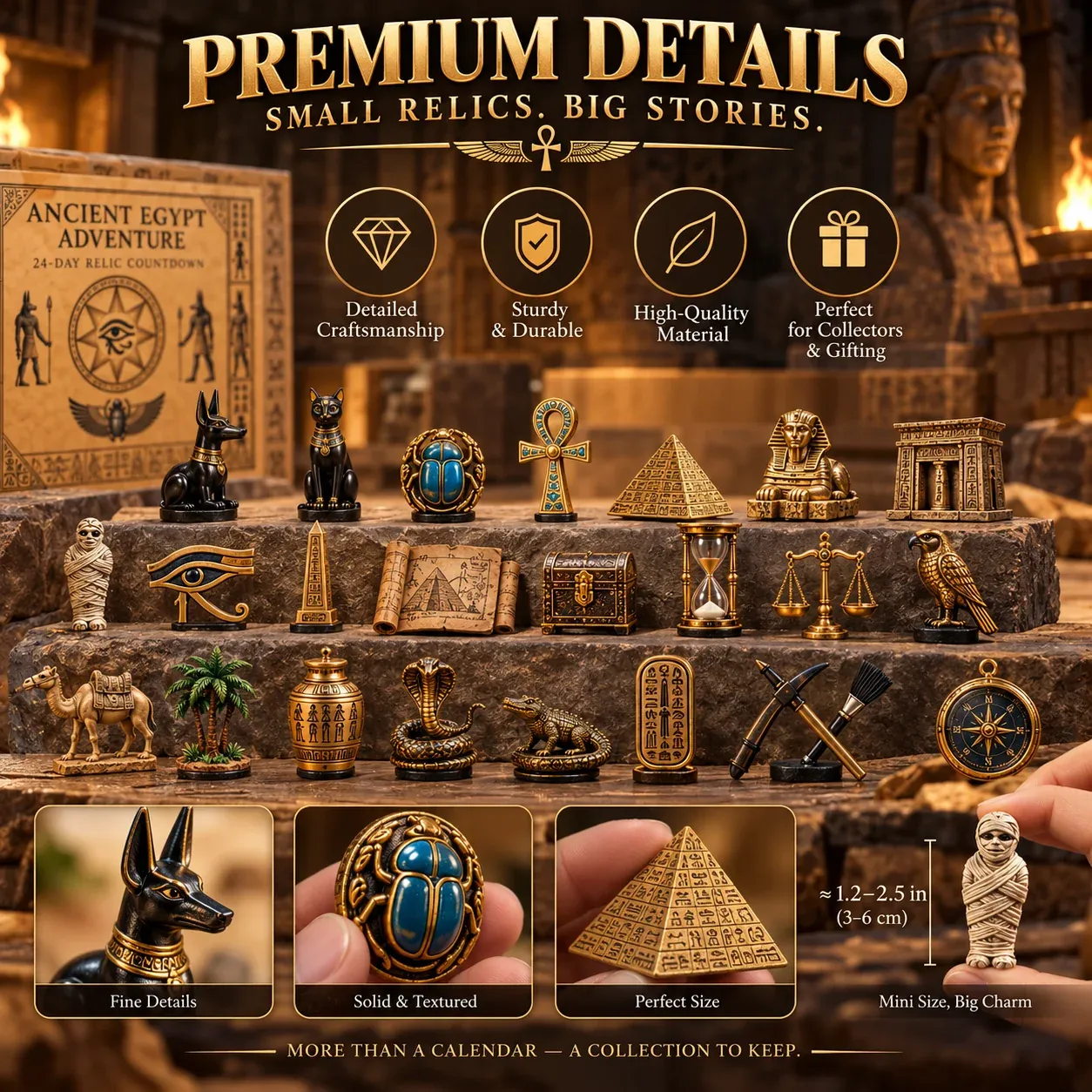 Close-up views of ancient Egypt inspired miniature relic collectibles