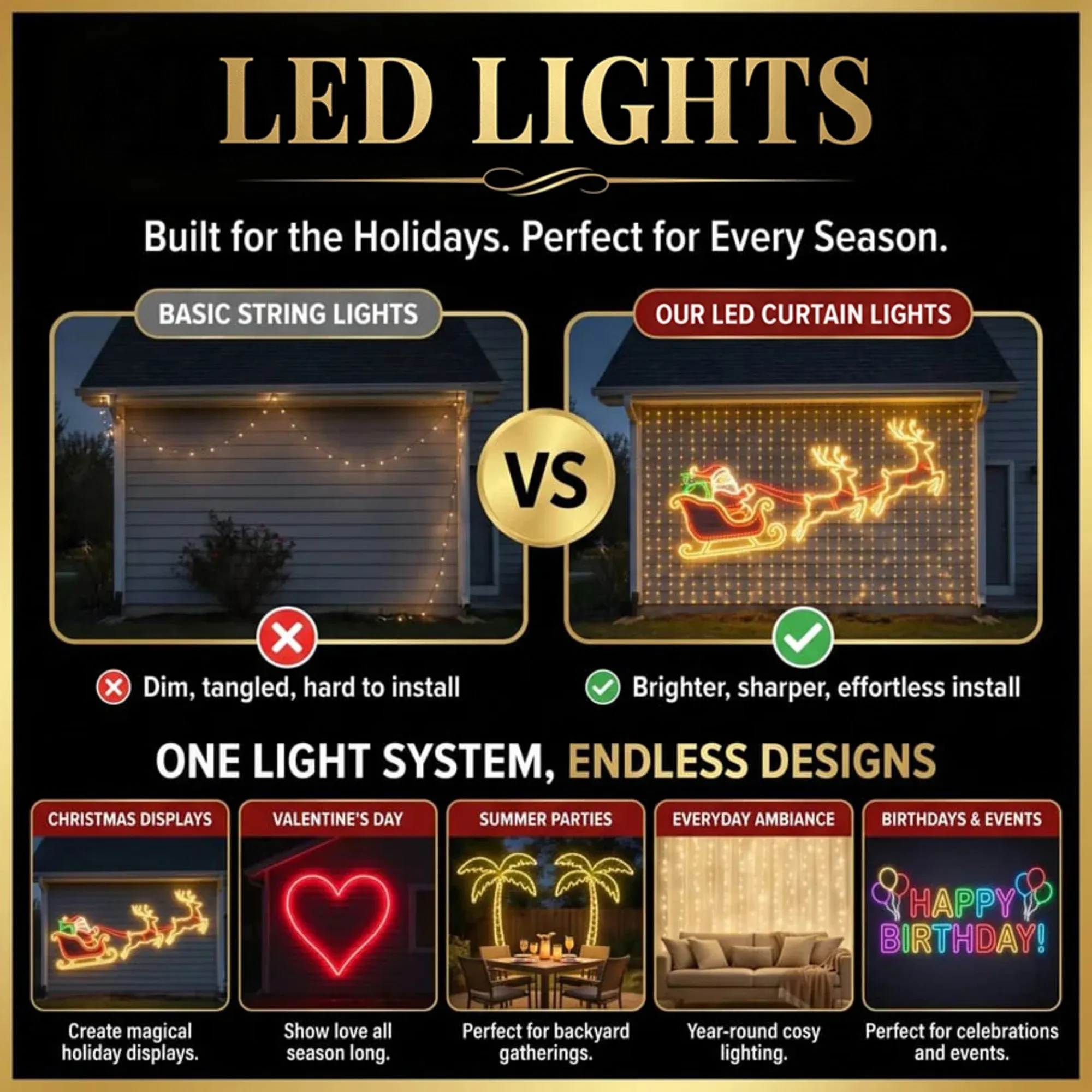 LED curtain display ideas for Christmas, Valentine’s Day, summer parties, everyday ambiance and birthdays