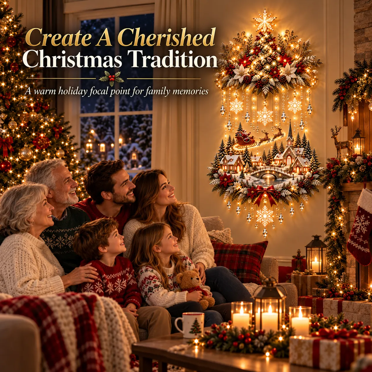 Family holiday styling scene beside the illuminated tree and village wall hanging