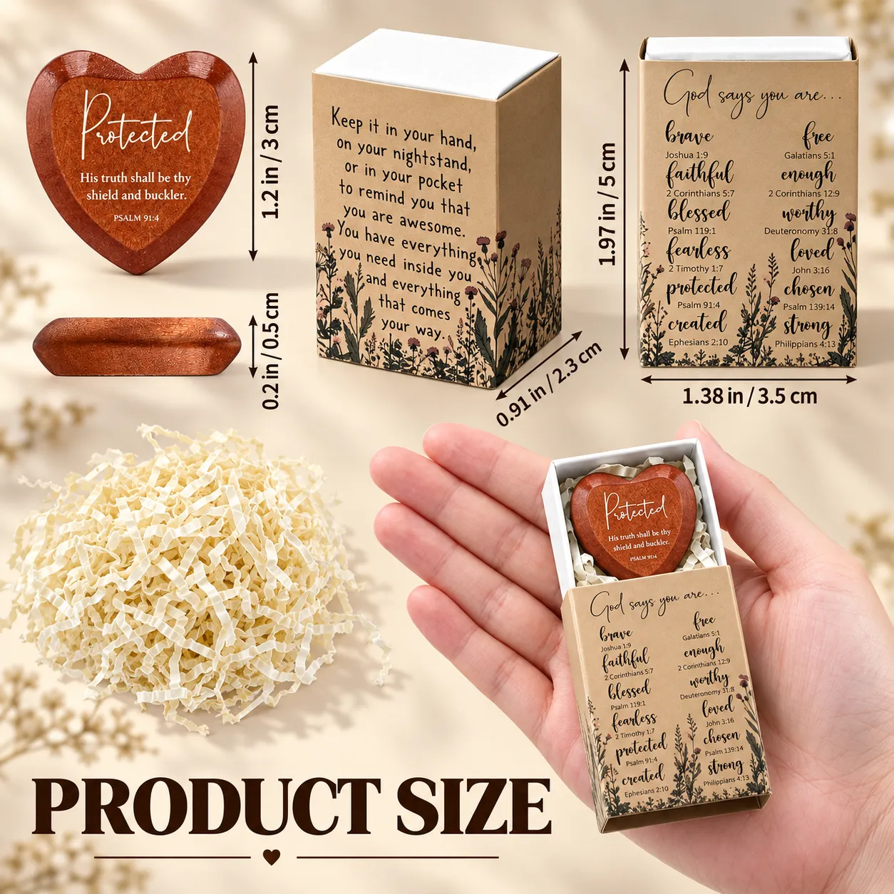 Contents and dimensions of the Christian pocket heart gift set